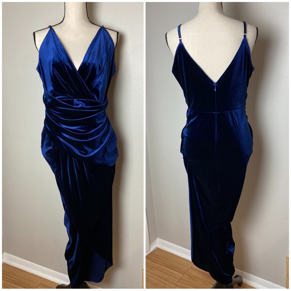 High Slit Velvet Gown || Blue Semi Formal Dress || Plunging Neckline || Low Back